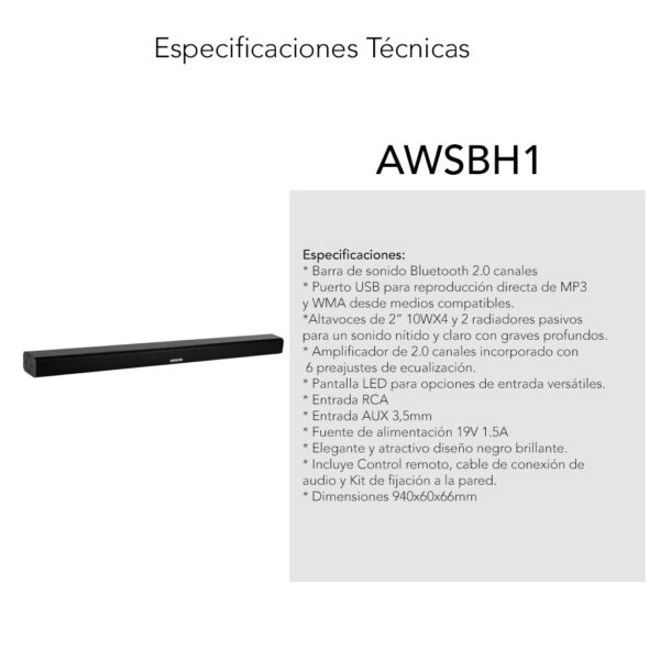 Barra de Sonido| 2.0 canales con 4 altavoces y Bluetooth| 40W| AWSBH1